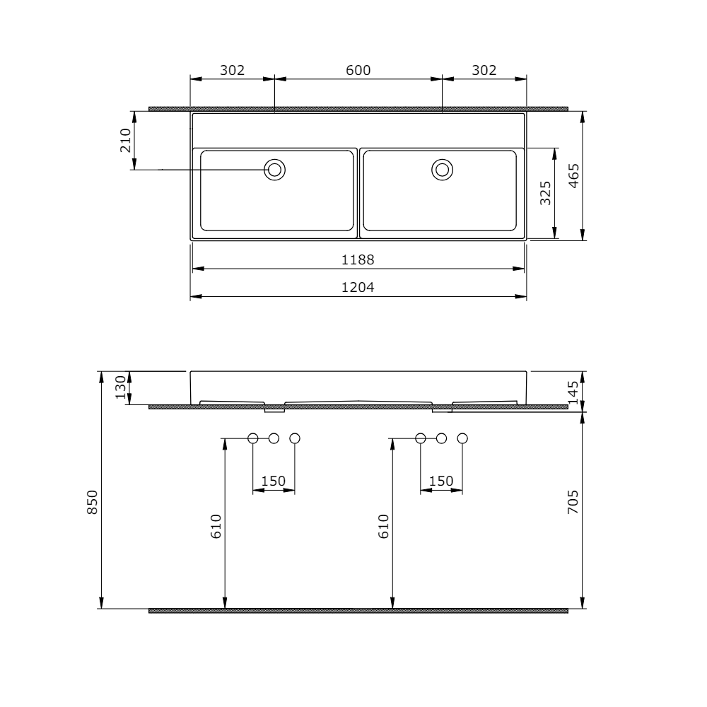1200mm Veneto No Tap Hole Double Basin in Gloss White Drawing