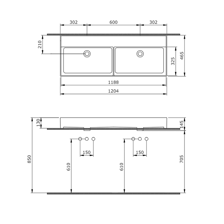 1200mm Veneto No Tap Hole Double Basin in Gloss White Drawing