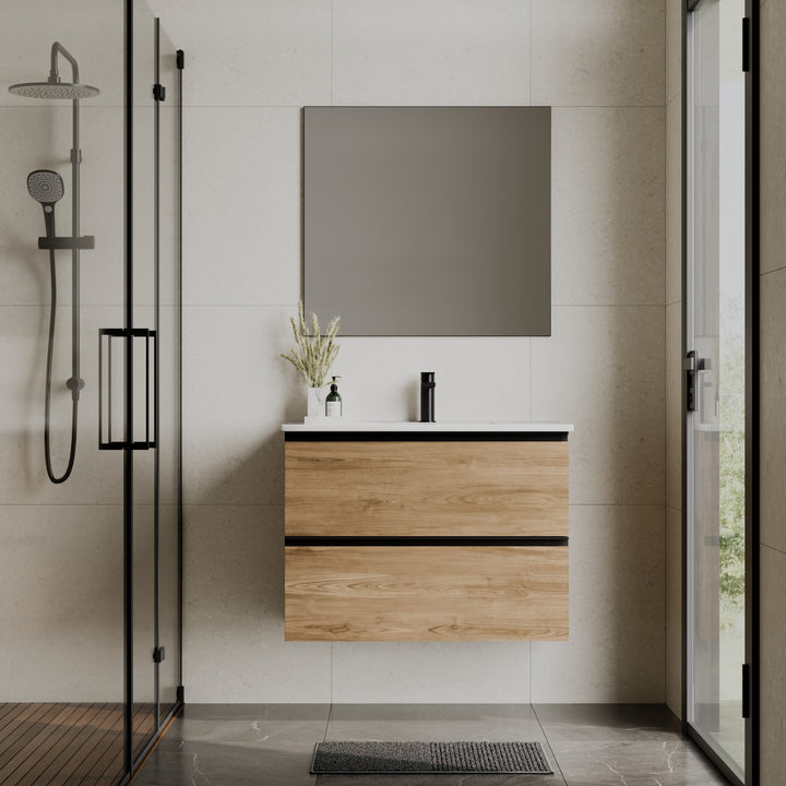 Akiro 800mm Wall Hung Vanity Unit with Matt Anthracite Handles - Walnut