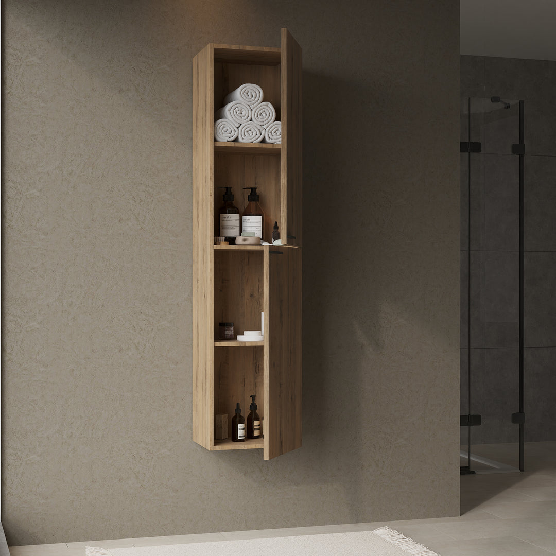Gloss-effect Ostippo Oak tall bathroom cabinet, wall-hung with matt black hardware and soft-close drawer