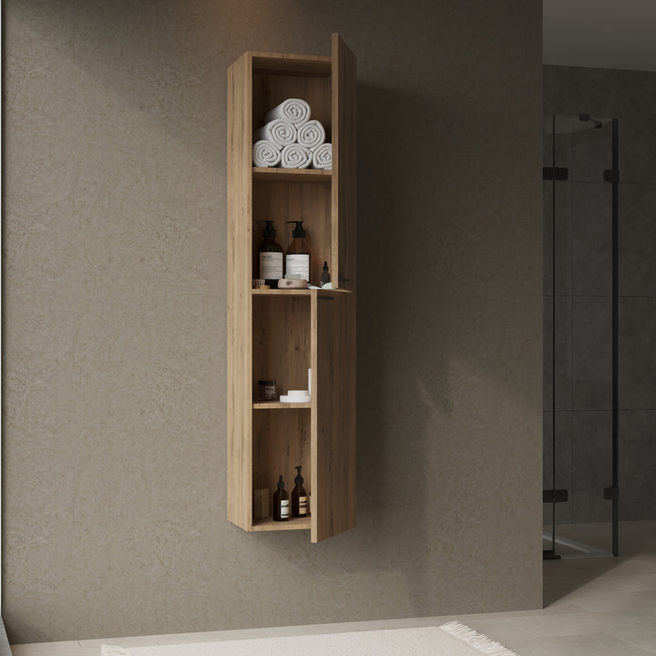 Gloss-effect Ostippo Oak tall bathroom cabinet, wall-hung with matt black hardware and soft-close drawer