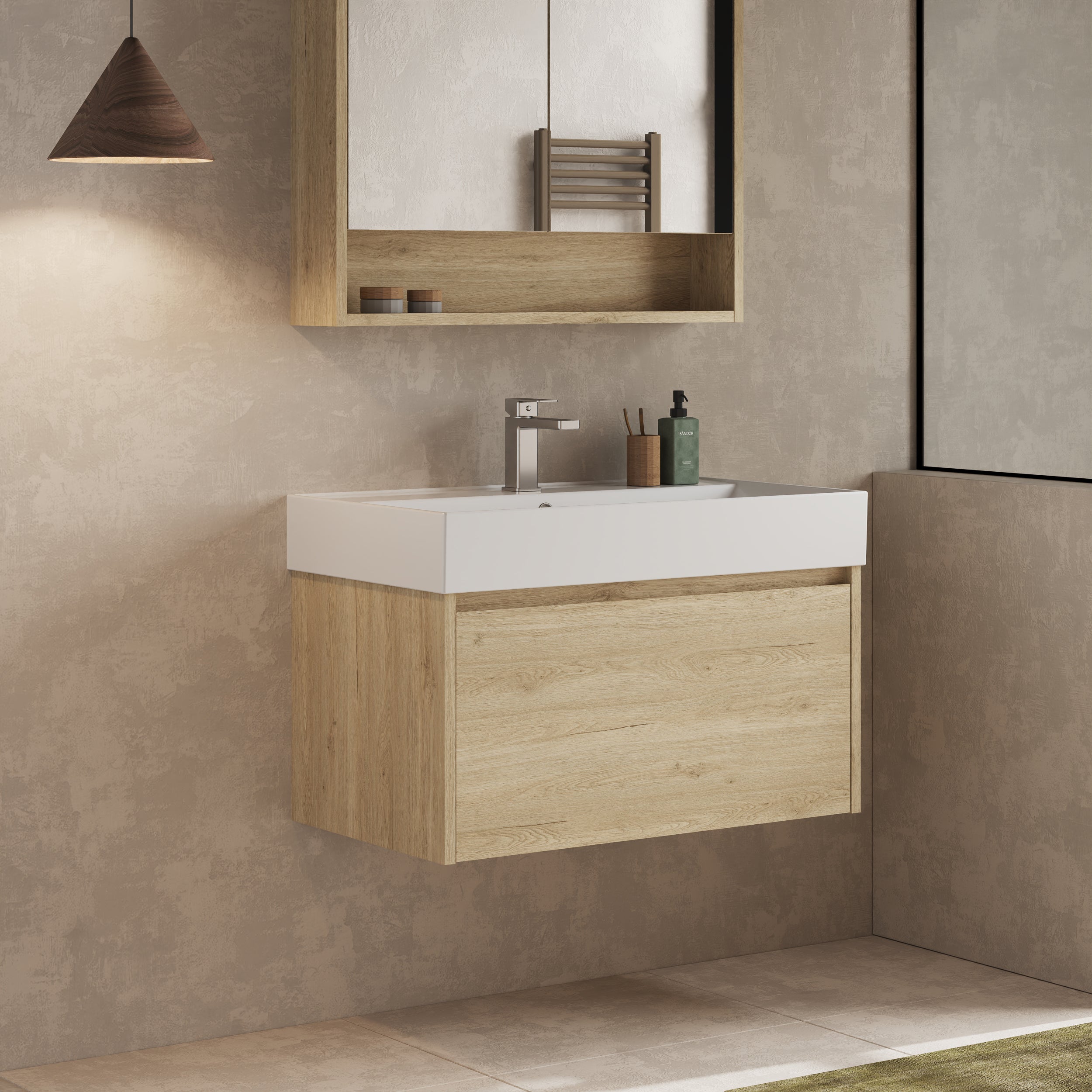 Top-down perspective of the Mino 800mm vanity unit with Lira basin, illustrating the clean lines and spacious surface.