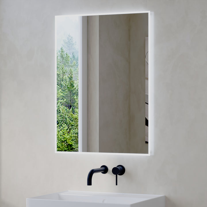 Senza 600 x 800 LED Illuminated Mirror – Angled View – Modern LED Bathroom Mirrors Online