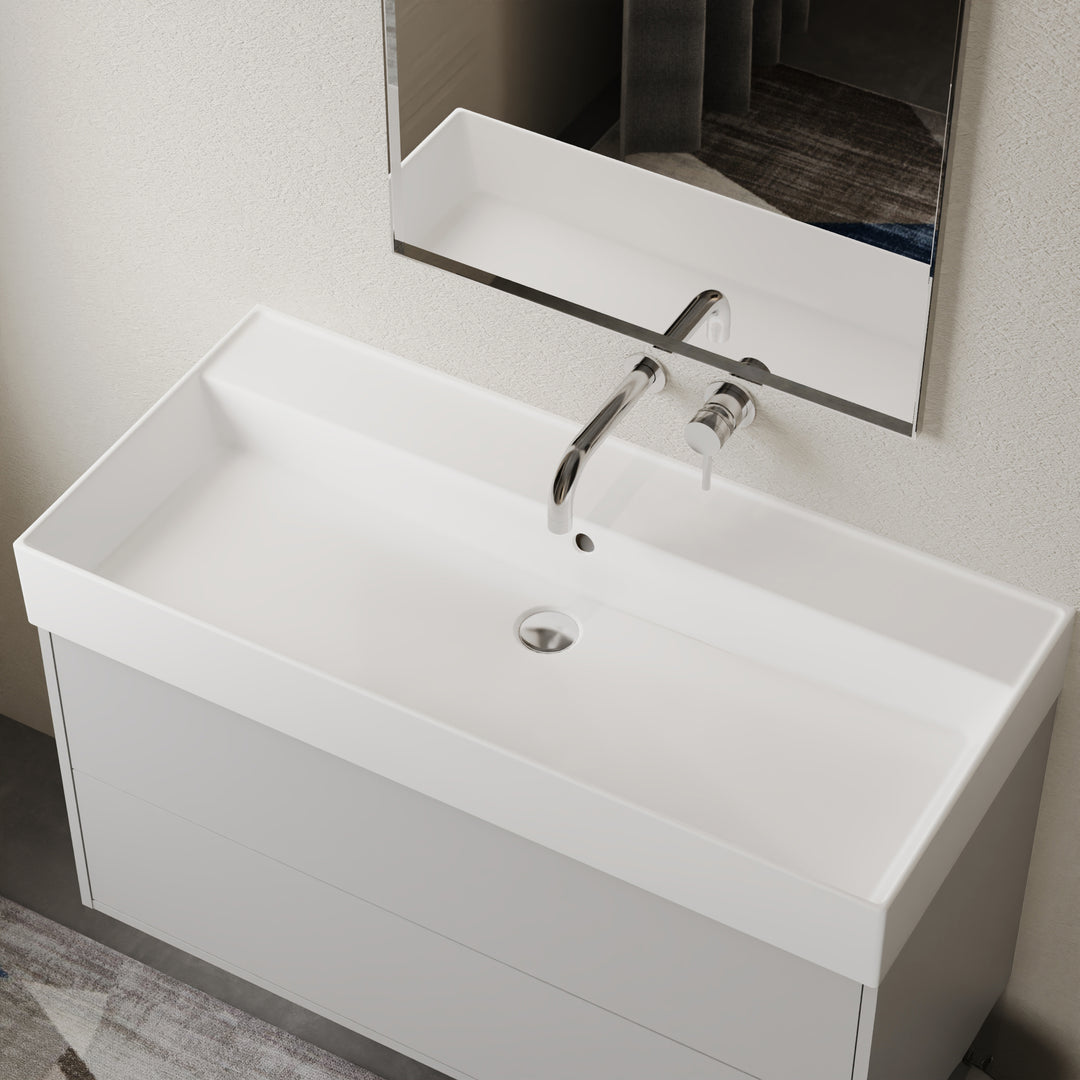 No Tap Hole Basin in gloss white ceramic, 1000 mm width, sleek wall-hung design with generous ledge