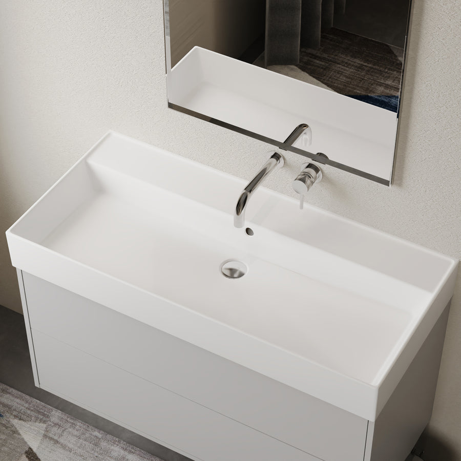 No Tap Hole Basin in gloss white ceramic, 1000 mm width, sleek wall-hung design with generous ledge