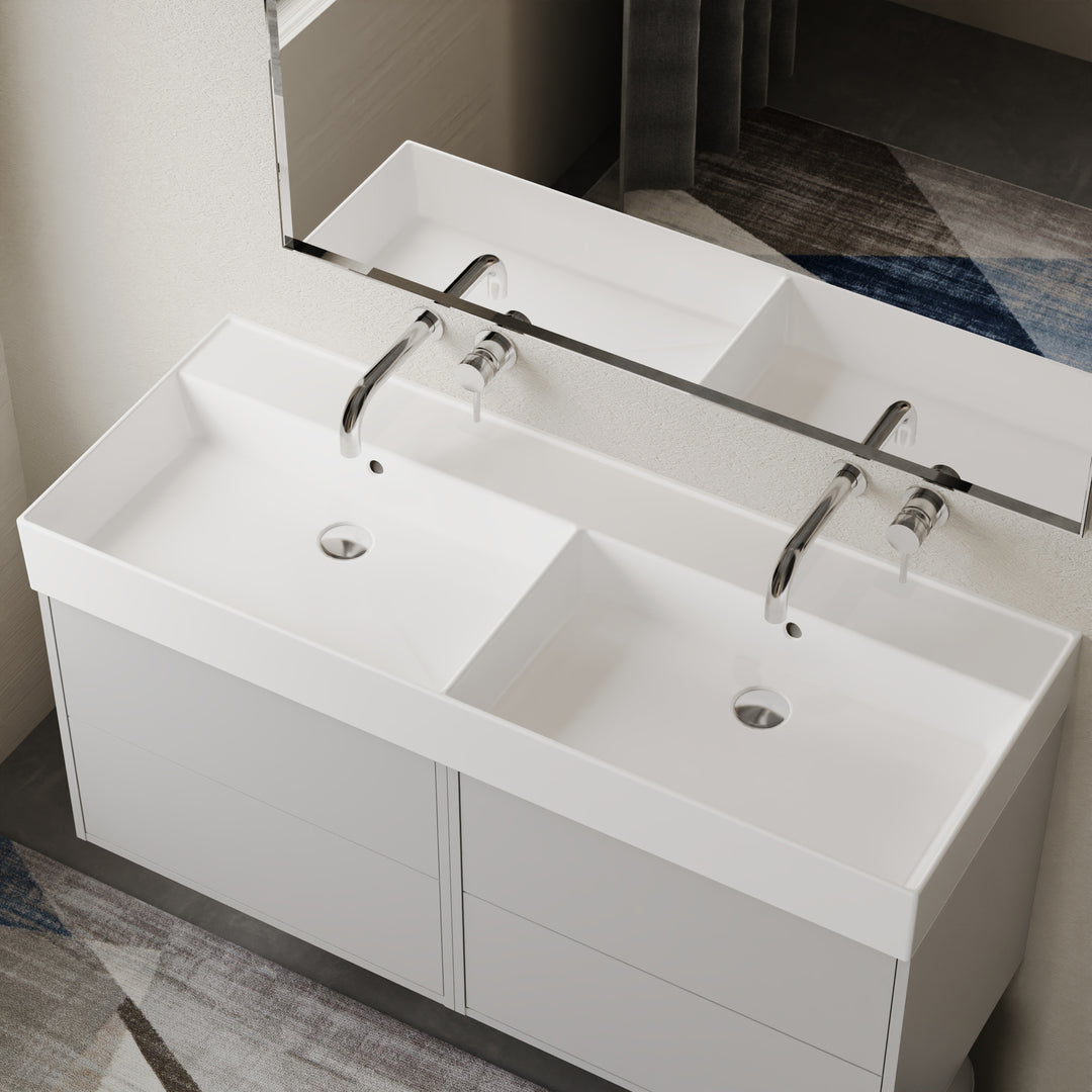 Veneto 1200mm No Tap Hole Double Basin in Gloss White – wall-hung design with generous ledge for toiletries