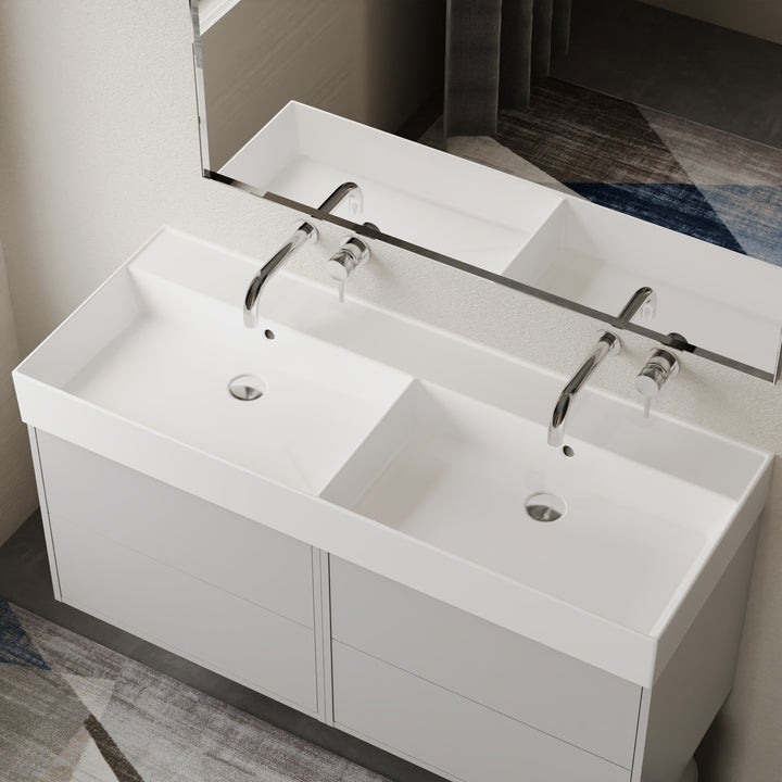 Veneto 1200mm No Tap Hole Double Basin in Gloss White – wall-hung design with generous ledge for toiletries