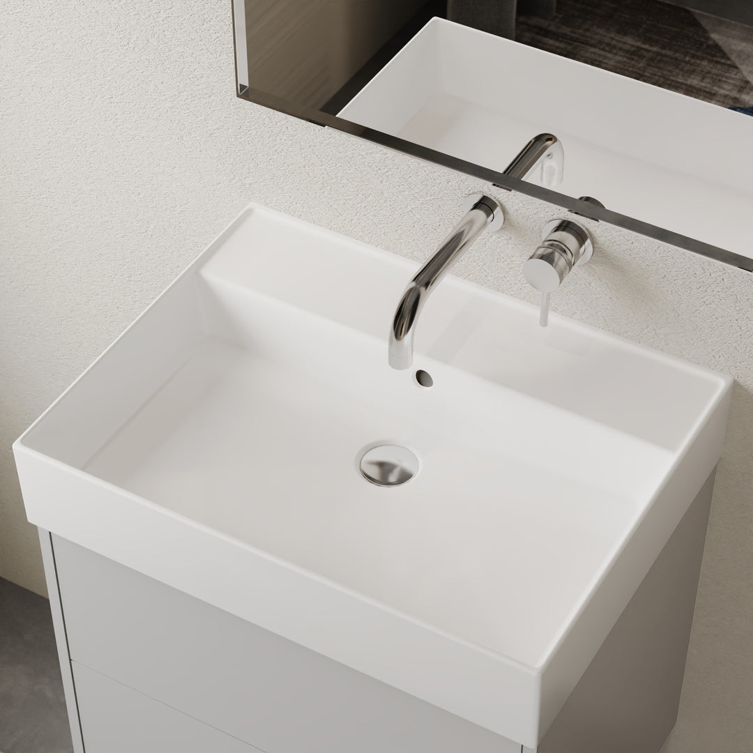 No Tap Hole Basin – Veneto 600 mm gloss white ceramic, sleek wall-hung or vanity option with generous ledge