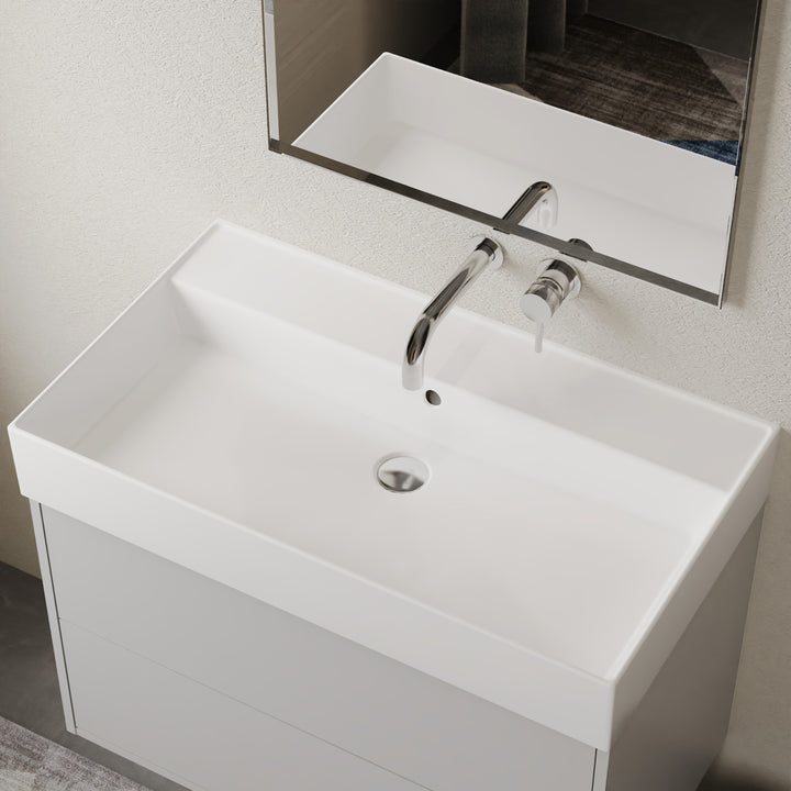 Gloss white ceramic No Tap Hole Basin, 800 mm Veneto model, wall-hung or vanity-top with generous ledge