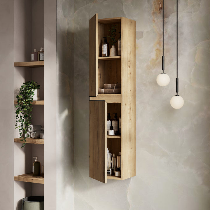 Ostippo Oak tall bathroom cabinet with matt black handles, compact 350 mm width, ideal tall bathroom cabinet