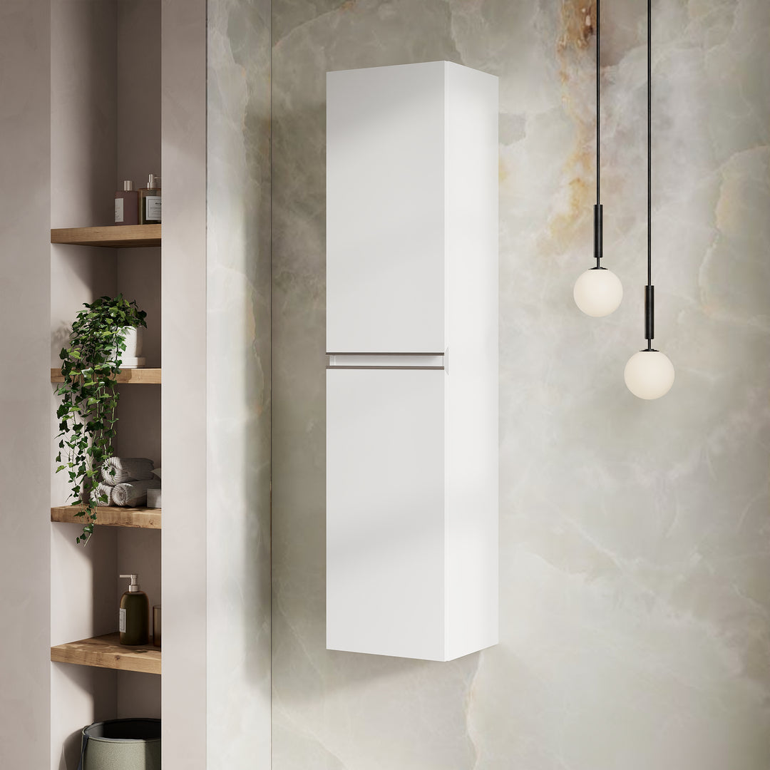 1500 mm wall-hung tall bathroom cabinet in gloss white featuring chrome hardware