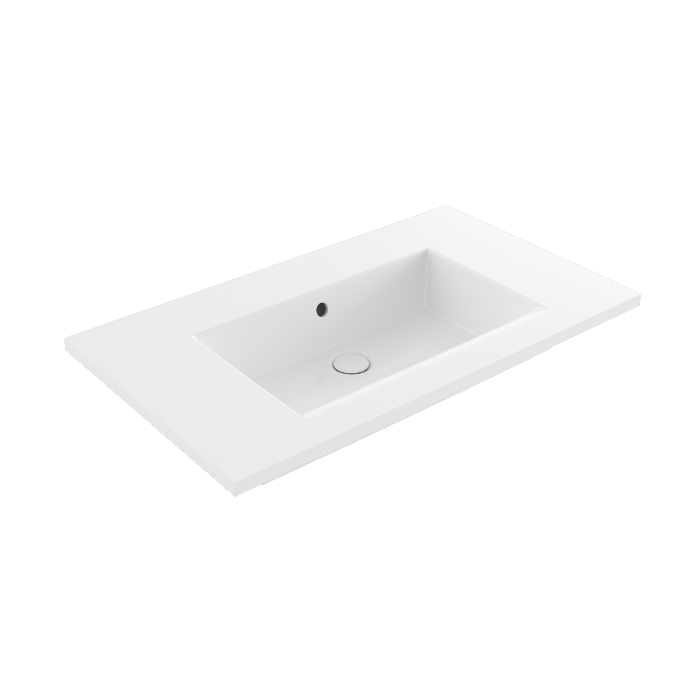 No tap hole gloss white vanity basin, wall-hung, sleek and rectangular, 800 mm wide