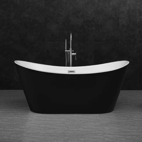 Black freestanding bath — matte black acrylic exterior with white interior, shown head-on