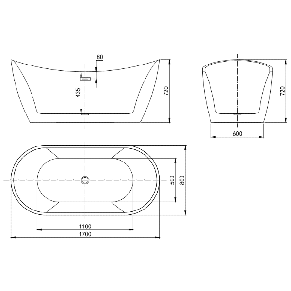 Technical drawing of 1700×800 mm black freestanding bath, showing length, width, height and cross-section profile