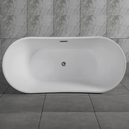 Interior view of black freestanding bath showing smooth white acrylic surface and drain position