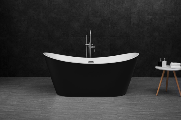 Interior view of black freestanding bath showing smooth white acrylic surface and drain position