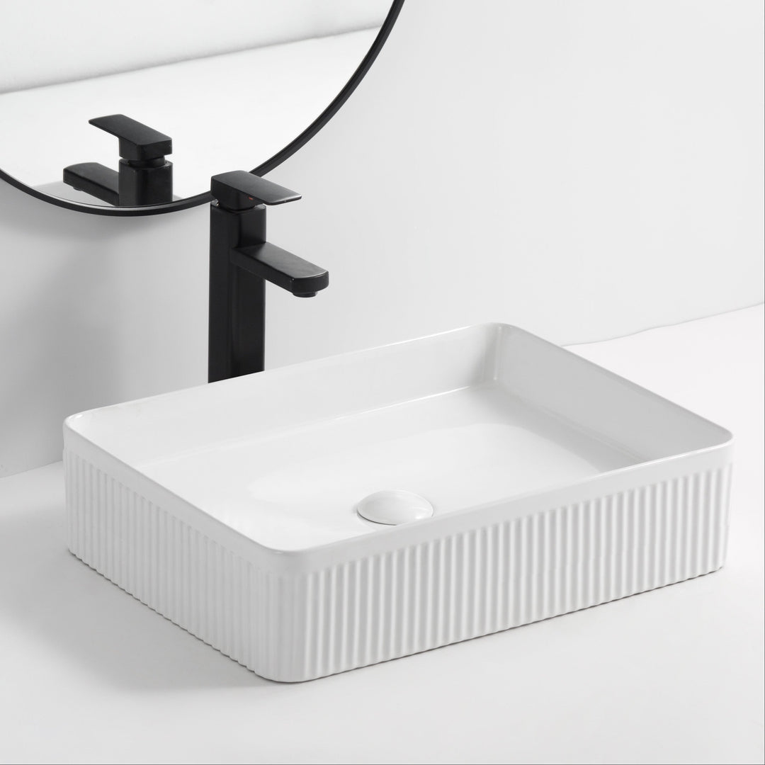 Quadra 500mm Rectangular Fluted Countertop Basin - Gloss White