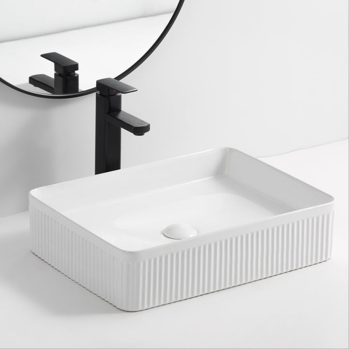 Quadra 500mm Rectangular Fluted Countertop Basin - Gloss White