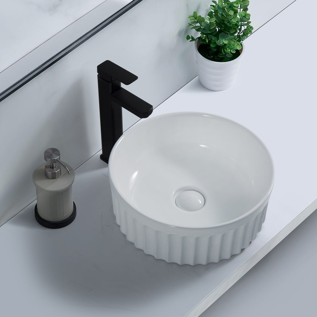 Vasca 380mm Round Fluted Countertop Basin - Gloss White