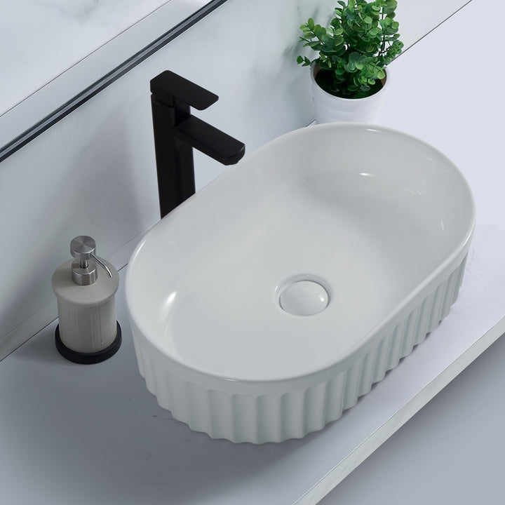 Conca 550mm Oval Fluted Countertop Basin - Gloss White