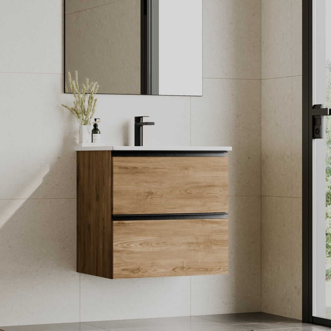 Akiro 600mm Wall Hung Vanity Unit with Matt Anthracite Handles - Walnut