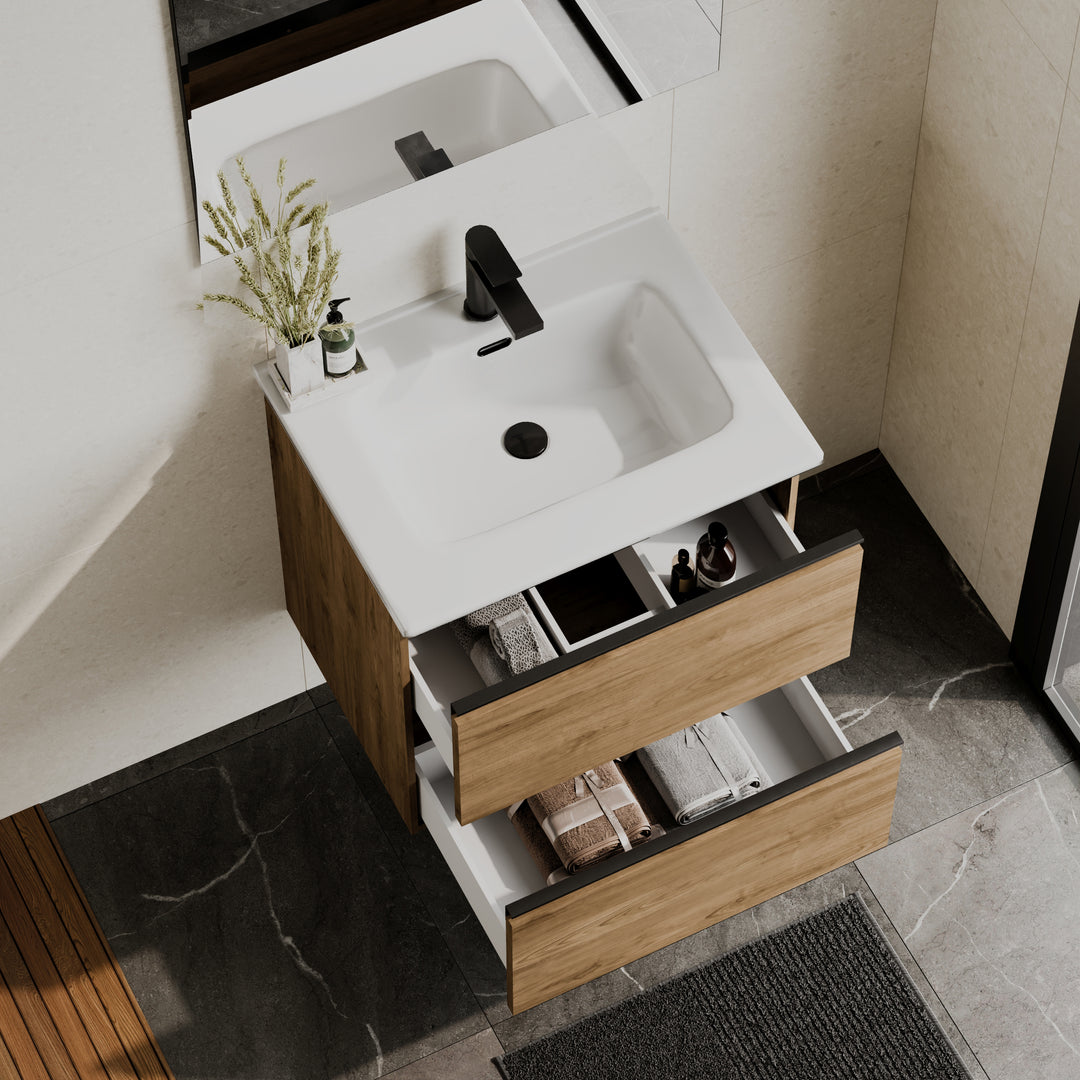 Akiro 600mm Wall Hung Vanity Unit with Matt Anthracite Handles - Walnut