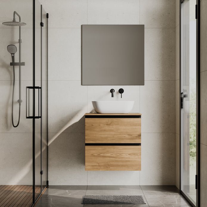 Akiro 600mm Wall Hung Vanity Unit with Matt Anthracite Handles - Walnut