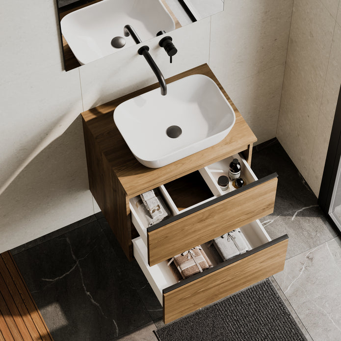 Akiro 600mm Wall Hung Vanity Unit with Matt Anthracite Handles - Walnut