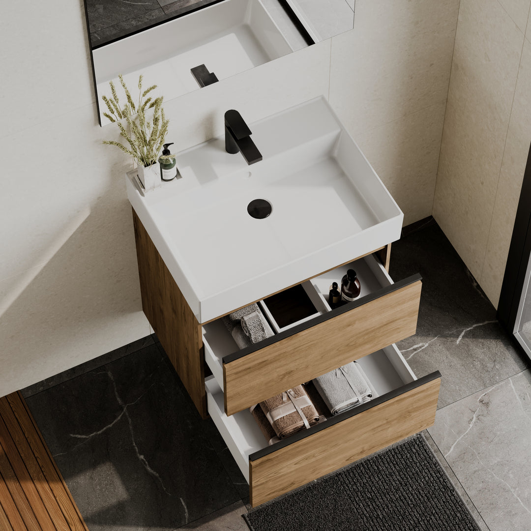 Akiro 600mm Wall Hung Vanity Unit with Matt Anthracite Handles - Walnut