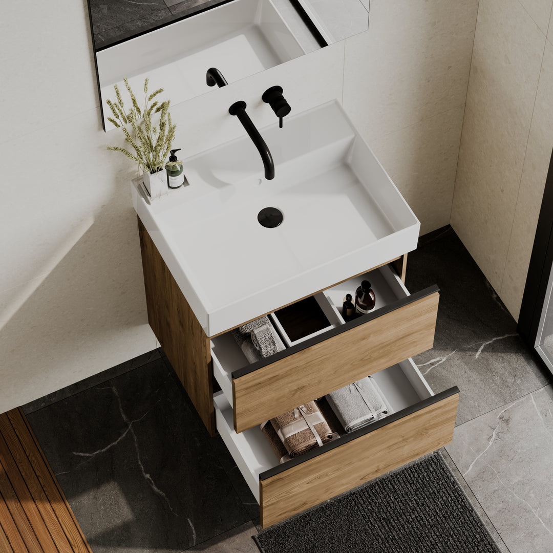 Akiro 600mm Wall Hung Vanity Unit with Matt Anthracite Handles - Walnut