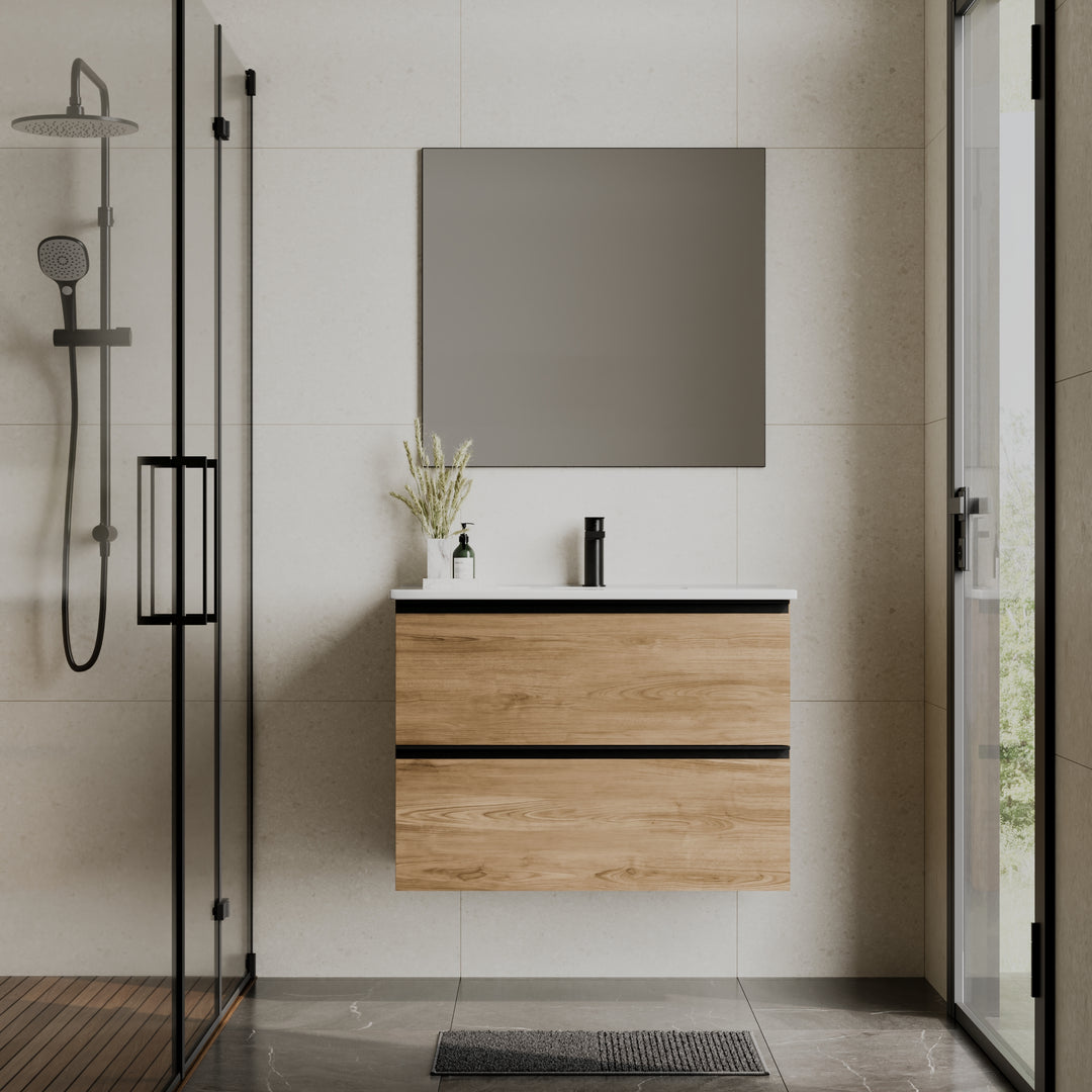 Akiro 800mm Wall Hung Vanity Unit with Matt Anthracite Handles - Walnut