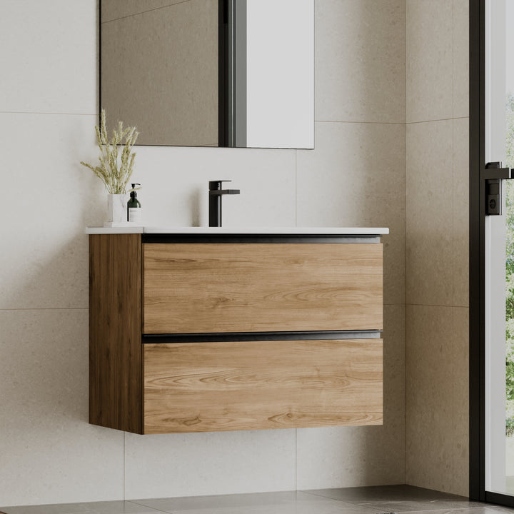 Akiro 800mm Wall Hung Vanity Unit with Matt Anthracite Handles - Walnut