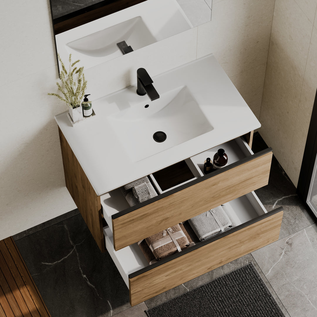 Akiro 800mm Wall Hung Vanity Unit with Matt Anthracite Handles - Walnut