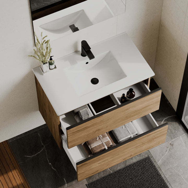 Akiro 800mm Wall Hung Vanity Unit with Matt Anthracite Handles - Walnut