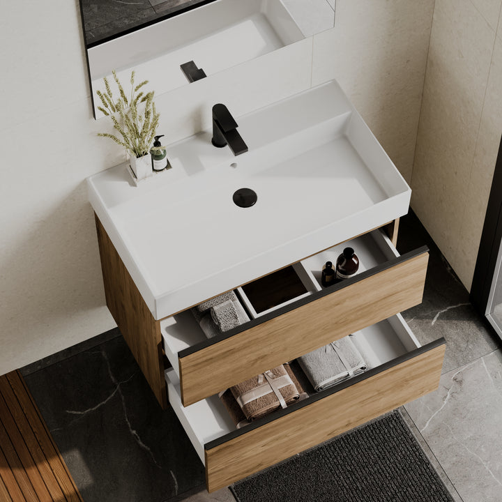 Akiro 800mm Wall Hung Vanity Unit with Matt Anthracite Handles - Walnut