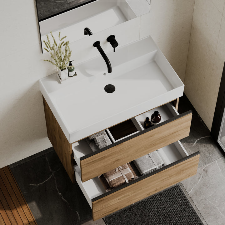 Akiro 800mm Wall Hung Vanity Unit with Matt Anthracite Handles - Walnut