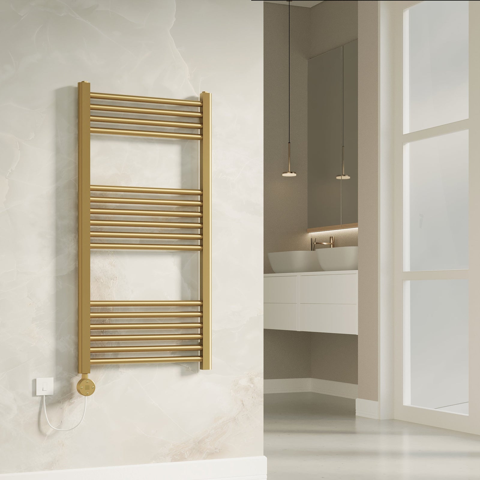 Aureli 1000 × 500 electric ladder towel rail radiator in brushed brass finish
