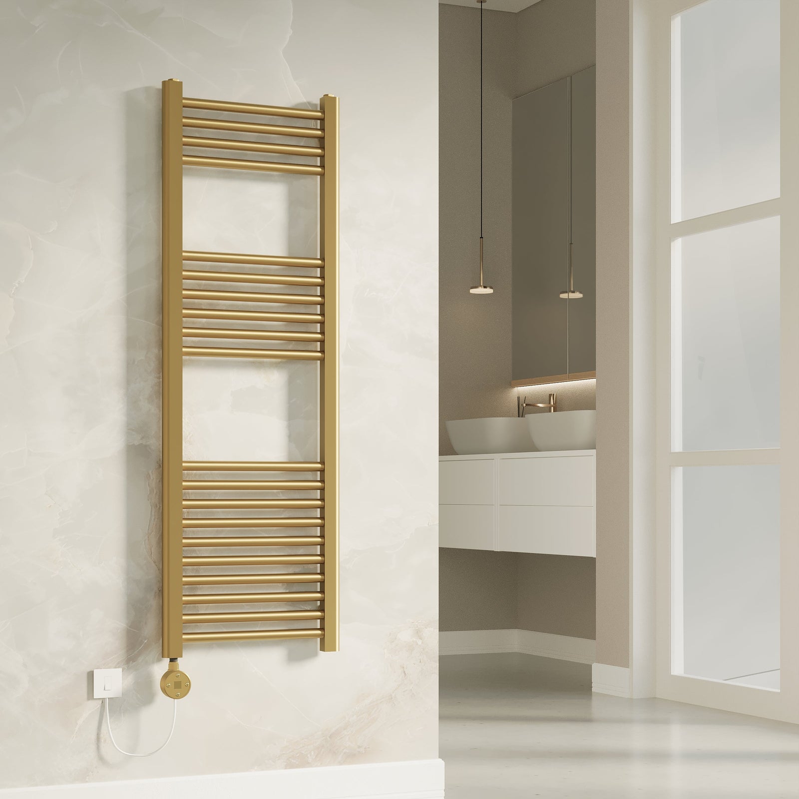Aureli 1200×400 mm electric ladder towel rail radiator in brushed brass finish
