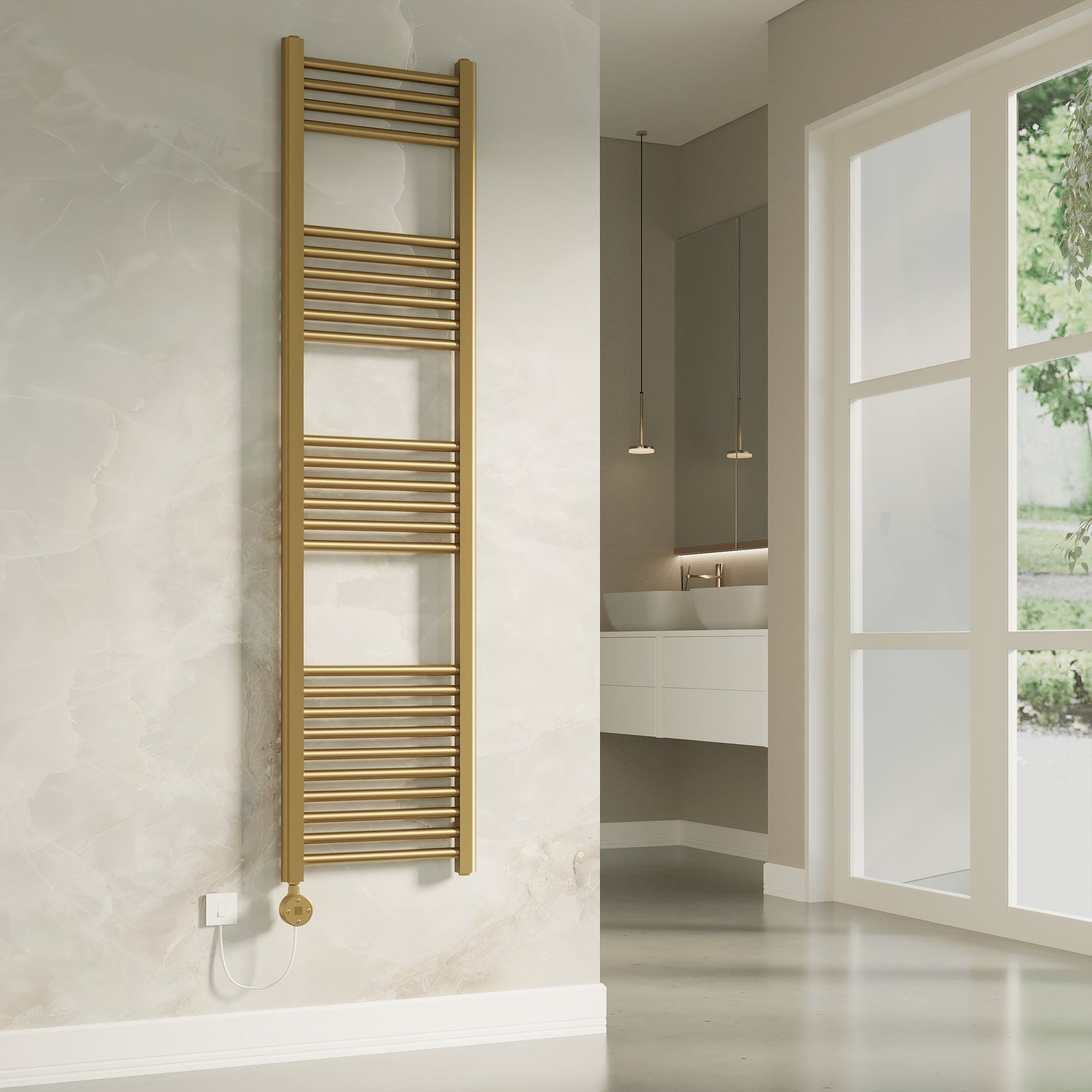 Aureli 1600 × 400 electric ladder towel rail radiator in brushed brass finish