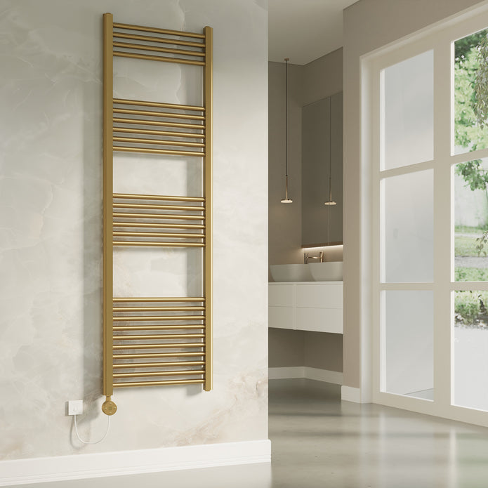 Aureli 1600×500 mm electric ladder towel rail radiator in brushed brass finish