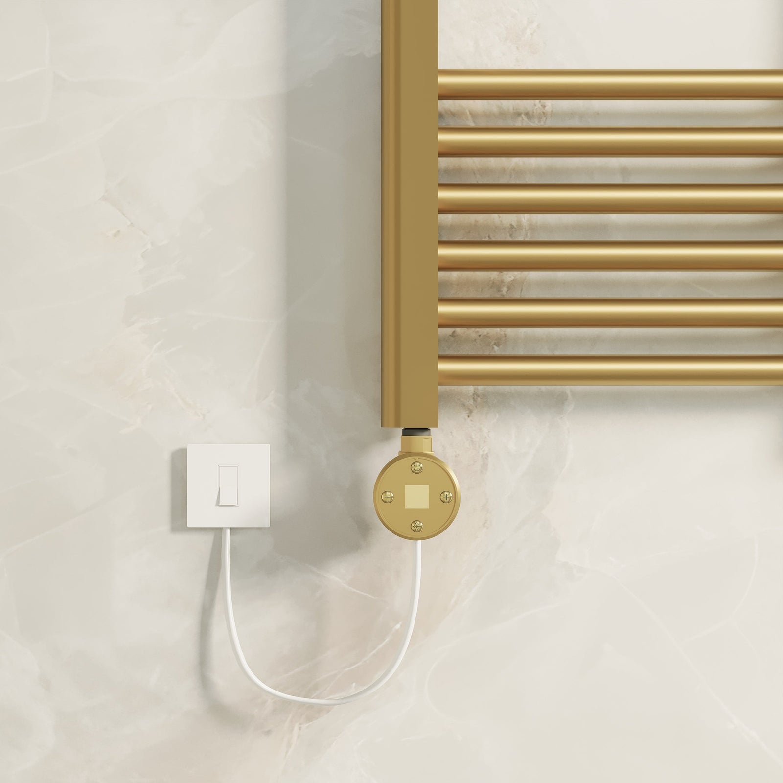 Brushed brass Aureli electric towel warmer, 14-bar ladder rail, 800 × 300 mm—electric radiators online premium model