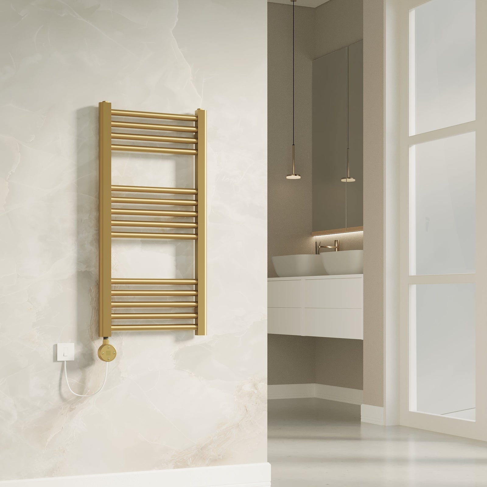 Aureli 800 × 400 mm electric ladder towel rail radiator in brushed brass
