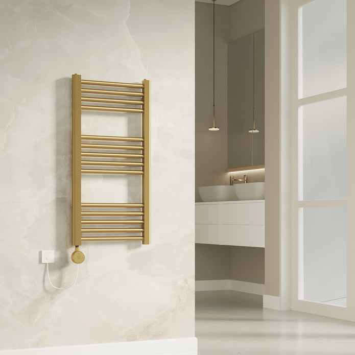 Aureli electric towel rail radiator in brushed brass, 800 × 300 mm dimensions, vertical ladder design