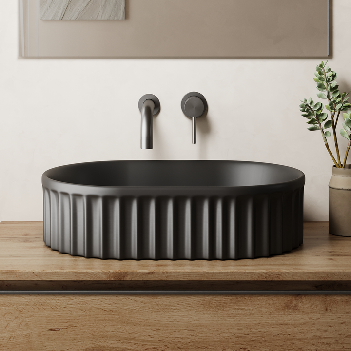 Conca 550mm Oval Fluted Countertop Basin - Matt Black