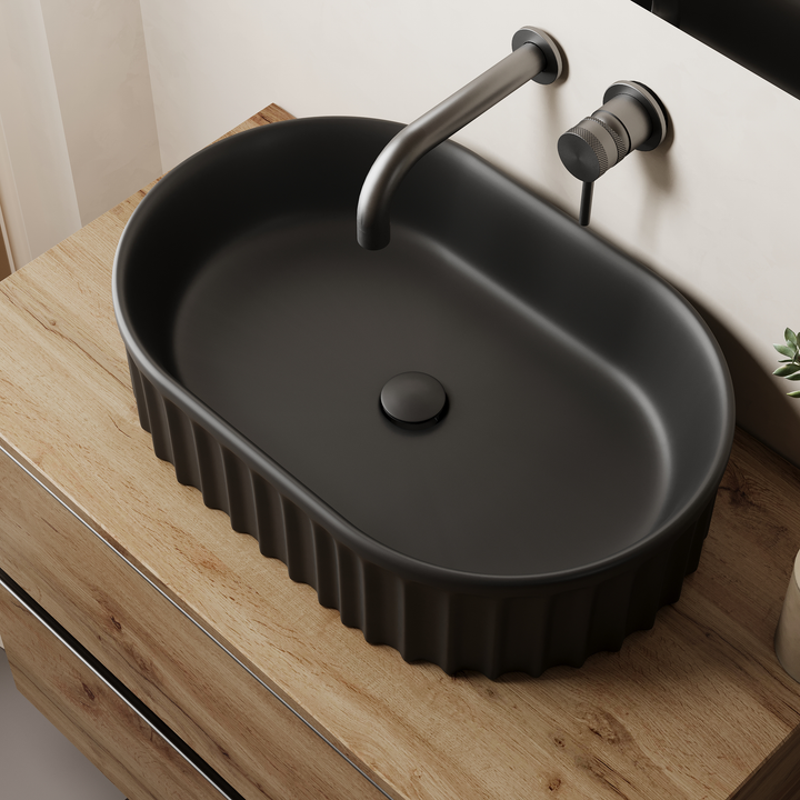 Conca 550mm Oval Fluted Countertop Basin - Matt Black