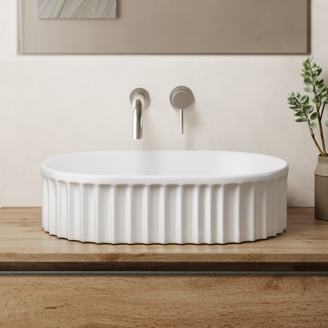 Conca 550mm Oval Fluted Countertop Basin - Gloss White