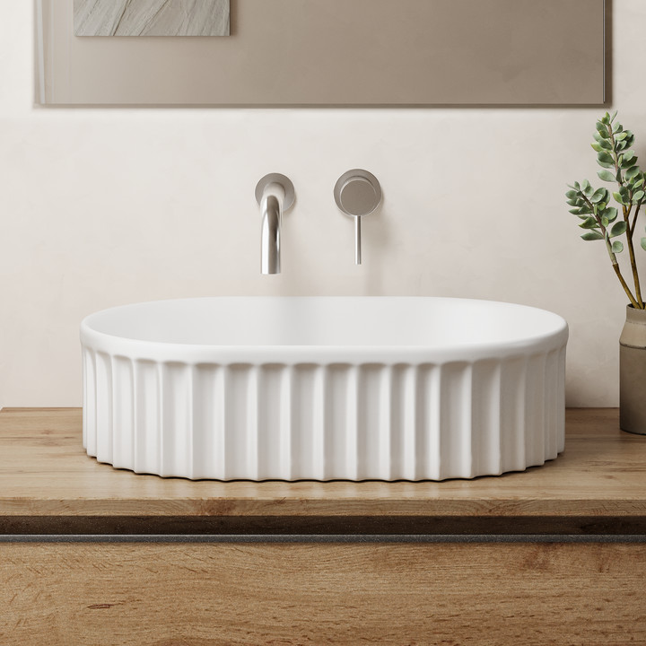 Conca 550mm Oval Fluted Countertop Basin - Gloss White