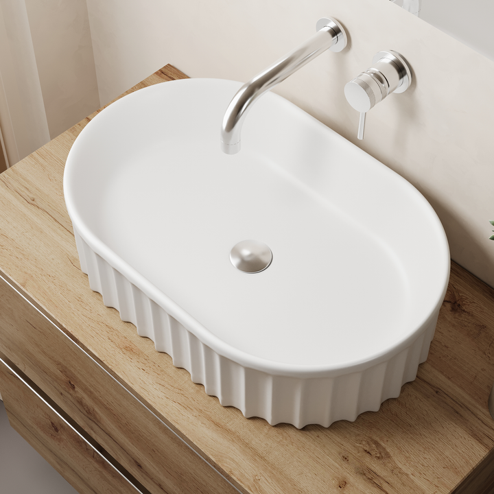 Conca 550mm Oval Fluted Countertop Basin - Gloss White