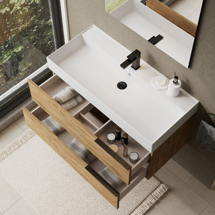 Celtic 1000mm Wall Hung Vanity Unit with Matt Black Handles - Ostippo Oak