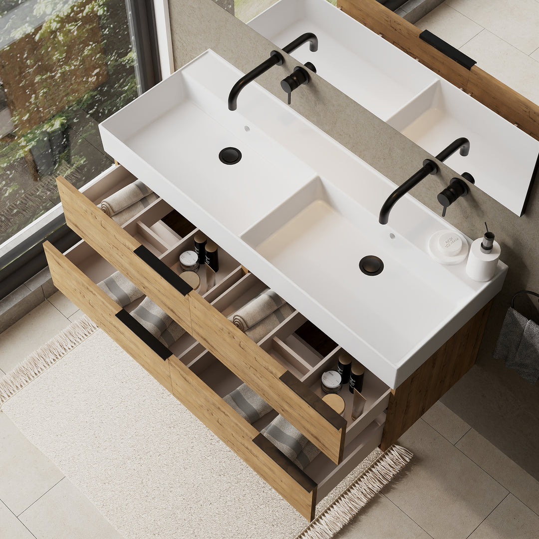 Celtic 1200mm Wall Hung Vanity Unit with Matt Black Handles - Ostippo Oak